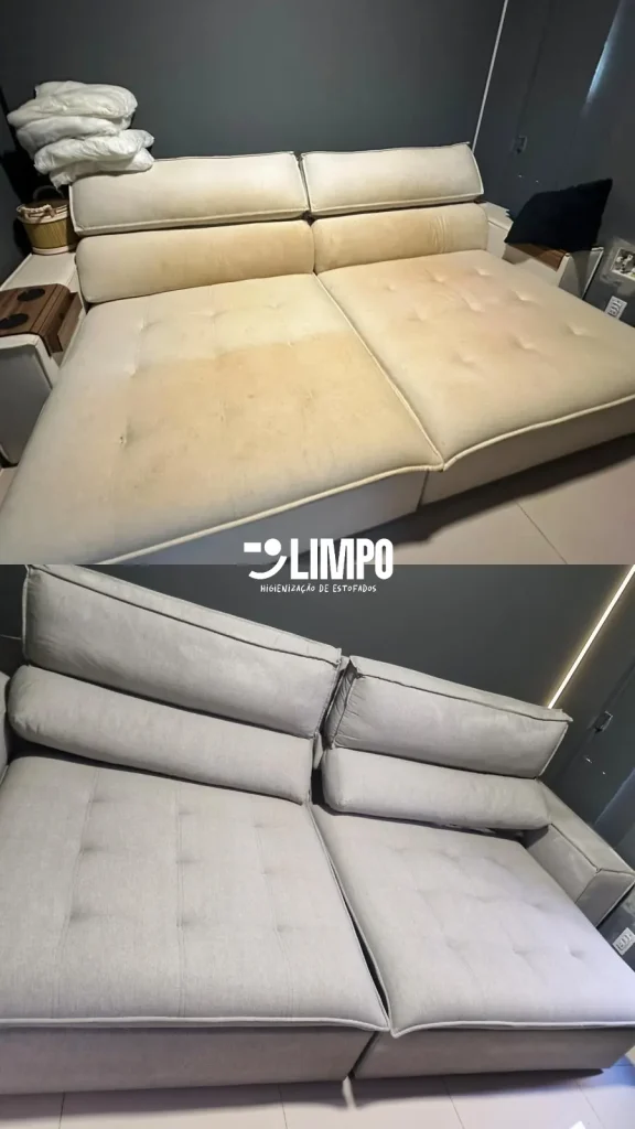 Sofá antes e depois da higienização feita pela Limpo em Brasília, removendo manchas amareladas do estofado