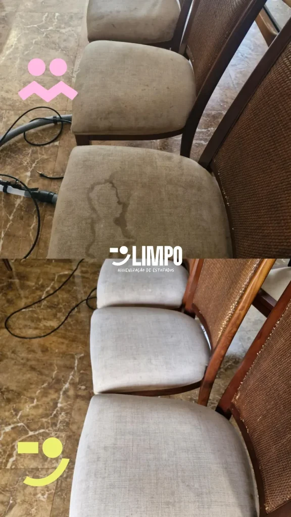 Cadeiras estofadas antes e depois da higienização feita pela Limpo, com remoção de manchas escuras do tecido