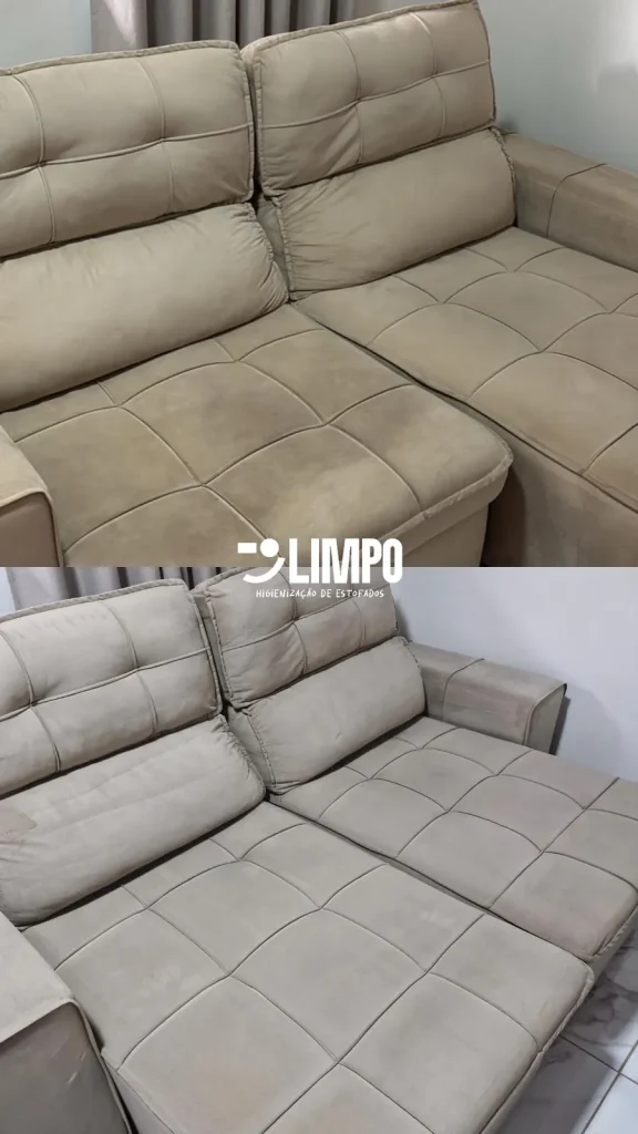 Sofá marrom antes e depois da higienização da Limpo, com o tecido renovado e sem sujeira