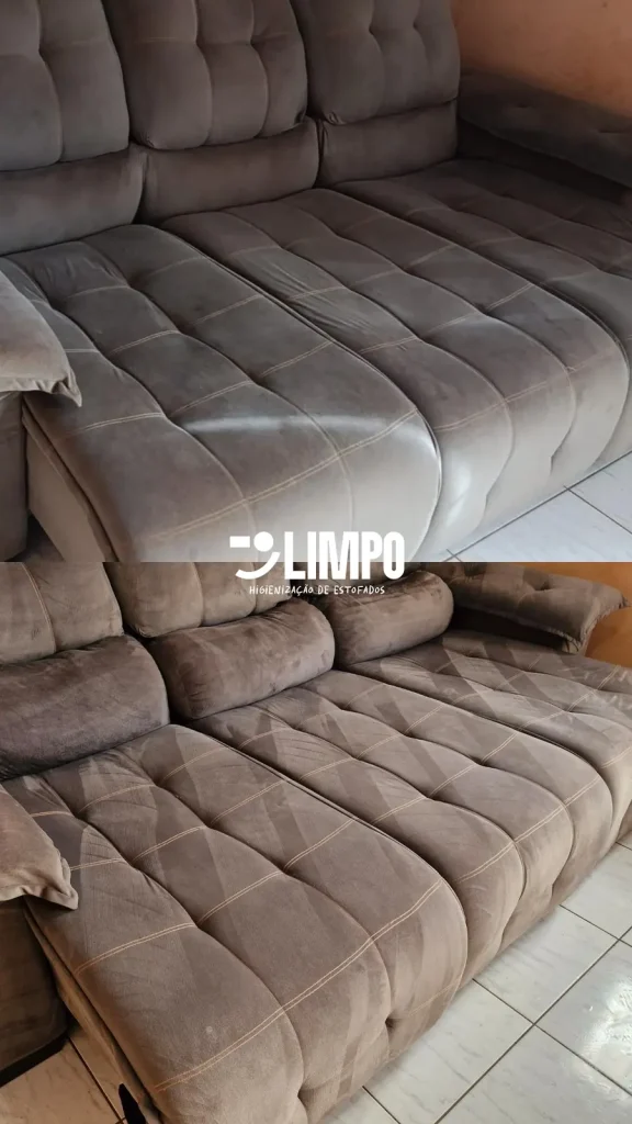 Sofá retrátil claro antes e depois da higienização da Limpo, sem manchas amareladas no assento